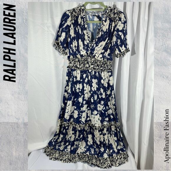 POLO RALPH LAUREN FLORAL TIERED RUFFLED MIDI DRESS SIZE 6 IN BLUE AND WHITE NWT - Picture 3 of 7